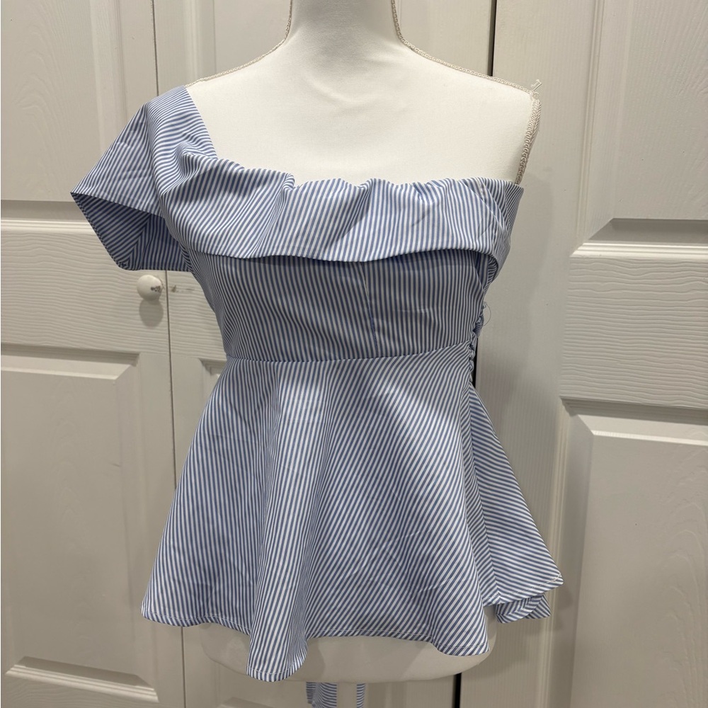 Striped One-Shoulder Peplum Top in Light Blue